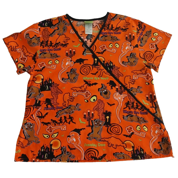 Scooby-Doo Scrub Top Women M Orange Halloween Holiday Medical Uniform Nursing - Picture 1 of 13
